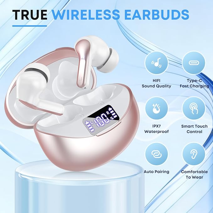 Wireless Earbuds, Bluetooth 5.4 Headphones HiFi Stereo 50H Playback LED Digital Display Ear Buds with ENC Noise Canceling Headset, IPX7 Waterproof Earphones for Running/Workout (Rose Gold)