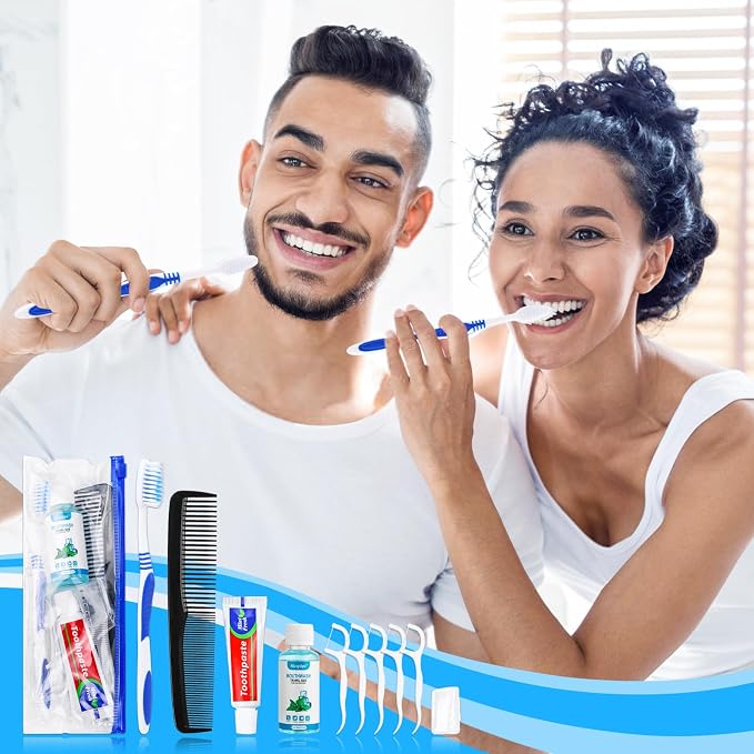 100 Set Travel Toothbrush Kit Bulk,Disposable Toothbrush with Toothpaste Set with Mouthwash,Toothpaste,Cover,Comb,Zip Bag,Floss Picks,Toothbrushes Set for Homeless,Travel