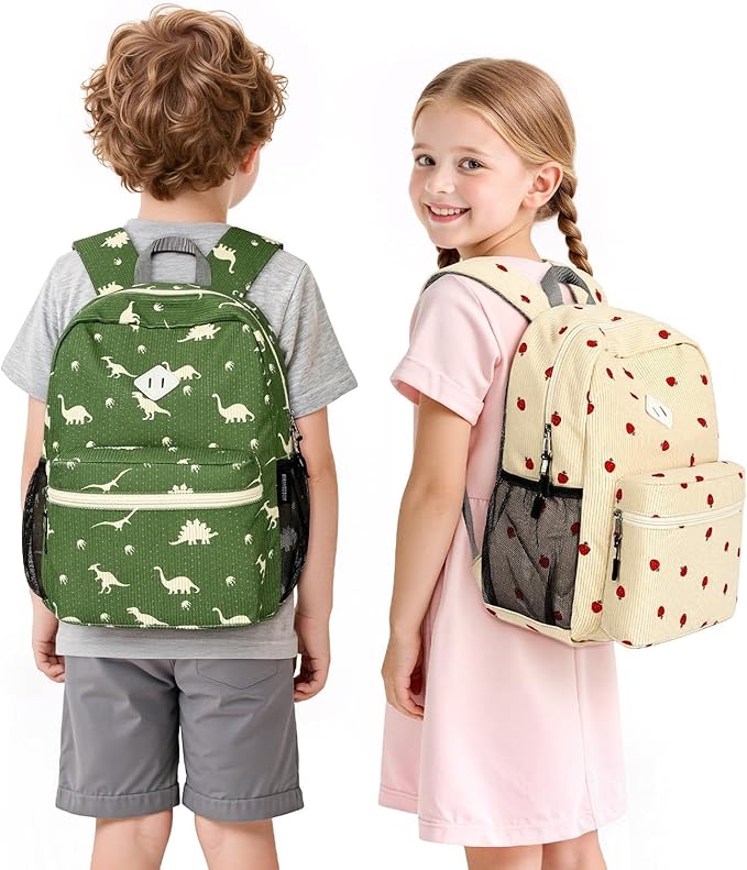 STEAMEDBUN Corduroy Kids Backpack for Boys Girls 3-8, Boys Backpack for Elementary Kindergarten - Dinosaur