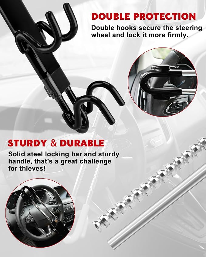 Tevlaphee Steering Wheel Lock Anti-Theft Car Device Heavy Duty Security Car Lock Antitheft Locking Devices Great Deterrent Adjustable Car Wheel Lock Anti Theft for Vehicle Truck with 3 Keys(Black)