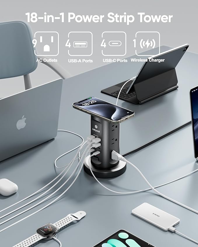 Kakyanill 30W USB Charging Station, Power Strip Tower, 9 AC Outlets with 8 USB Ports(4 USB-C), 6Ft Flat Plug Retractable Extension Cord, for Home Office Dorm, Black