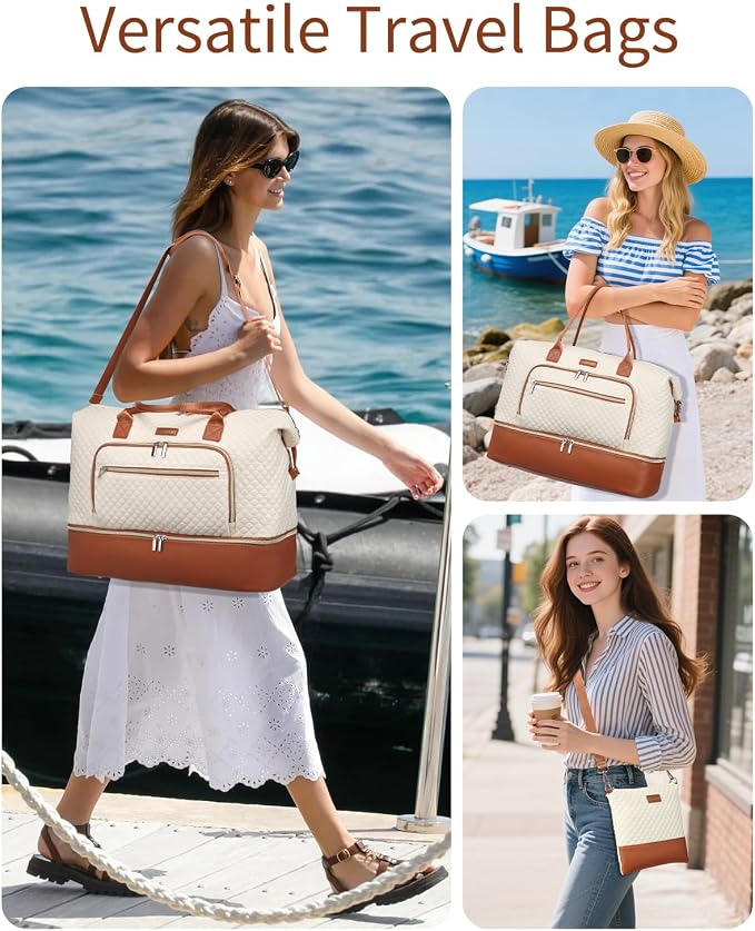 Large Weekender Bags for Women Travel, Under Seat Carry On Bags for Airplanes Overnight Bag with Shoe Compartment Luggage Sleeve, Foldie Travel Tote Bag Hospital Bag, Travel Gifts, Beige Brown