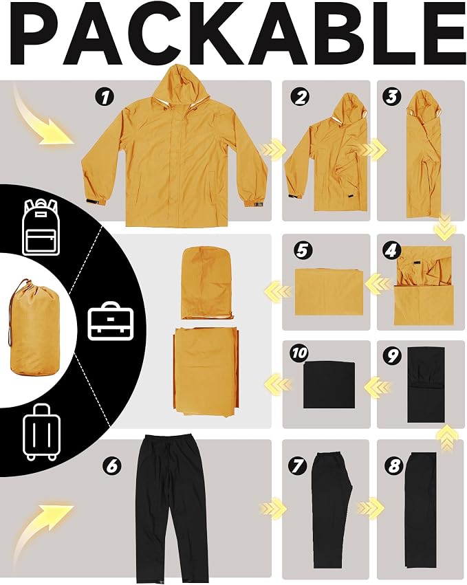 iCreek Rain Suit Waterproof Hooded Rain Gear Breathable Lightweight Packable Rain Jacket Pants Men Women for Hiking Fish Golf