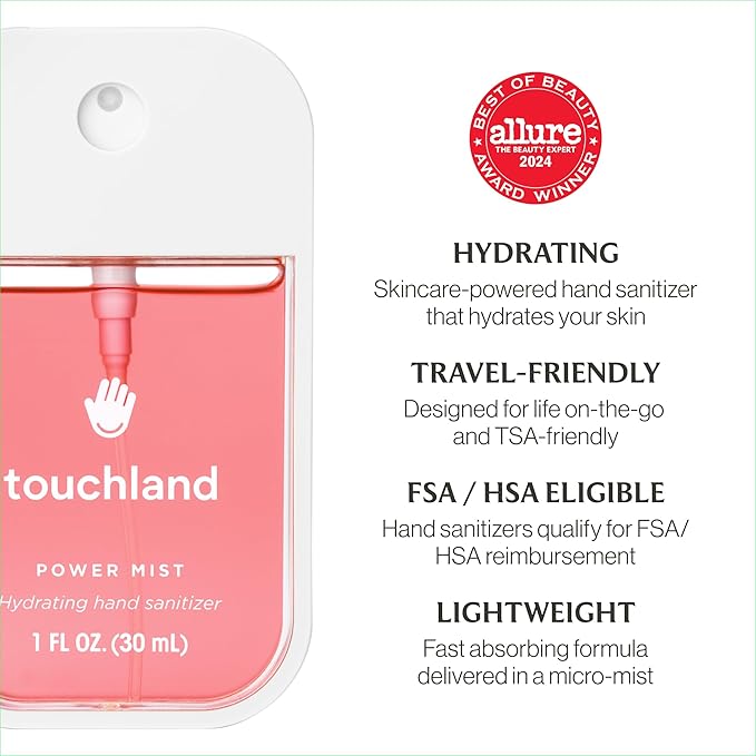 Touchland Hydrating Hand Sanitizer Spray – Juicy Trio Set (Wild Watermelon, Velvet Peach, Berry Bliss) – 3 x 1 FL OZ Travel Size Mists