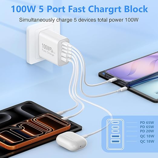 QZIIW USB C Wall Fast Charger Block, 100W 5-Port Type C Fast Charging Block 3 Pack-PD Power Charger Adapter QC 3.0 USB Multiport Charger Brick for iPhone 17 16, Samsung Series MacBook/Air, iPad, etc.