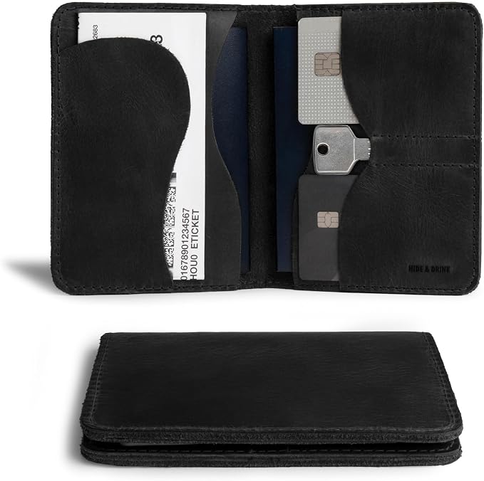Hide & Drink, Double Passport Cover with Slots for Bills and Keys, Rustic Case, ID Organizer, Full Grain Leather, Handmade Accessories, Charcoal Black