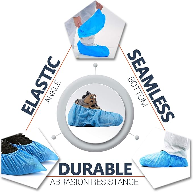 EZGOODZ Disposable Shoe Covers for Indoors and Outdoors 16" x 6.5", Pack of 100 Blue Splash-Proof Shoe Booties Disposable with Elastic Ankles, 50 gsm Polypropylene Disposable Booties to Cover Shoes