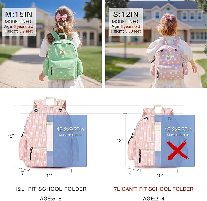 STEAMEDBUN Corduroy Toddler Backpack for Girls 2-4: Kids backpack for Boys Girls - 12 inch Preschool Kindergarten Backpacks - Polka Dot