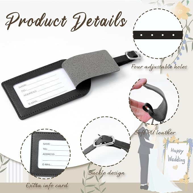 48 Pack Leather Luggage Tags PU Leather with Name ID Card Wedding Favors for Guests Bridal Shower Gifts (Black)