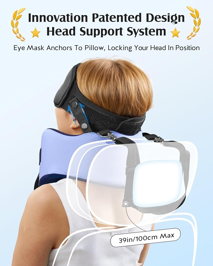 YFONG Travel Pillow for Long Flights, Patented 360° Ergonomic Sleeper Hold Head Support System with Memory Foam Neck Pillow & 3D Sleep Mask, Prevent Head Bobbing for Airplane & Road Trip, Blue