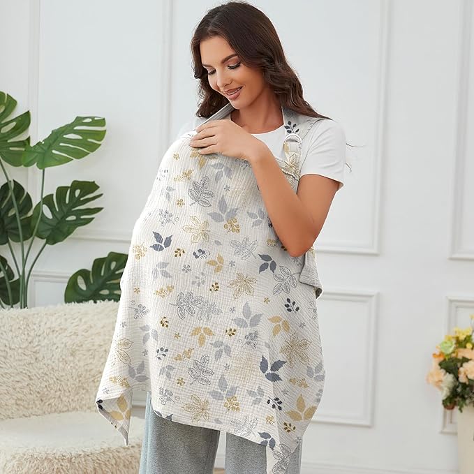 Muslin Nursing Cover for Baby Breastfeeding, Breathable 100% Cotton Breastfeeding Cover with Rigid Hoop for Mother Nursing Apron (Leaf Collection)