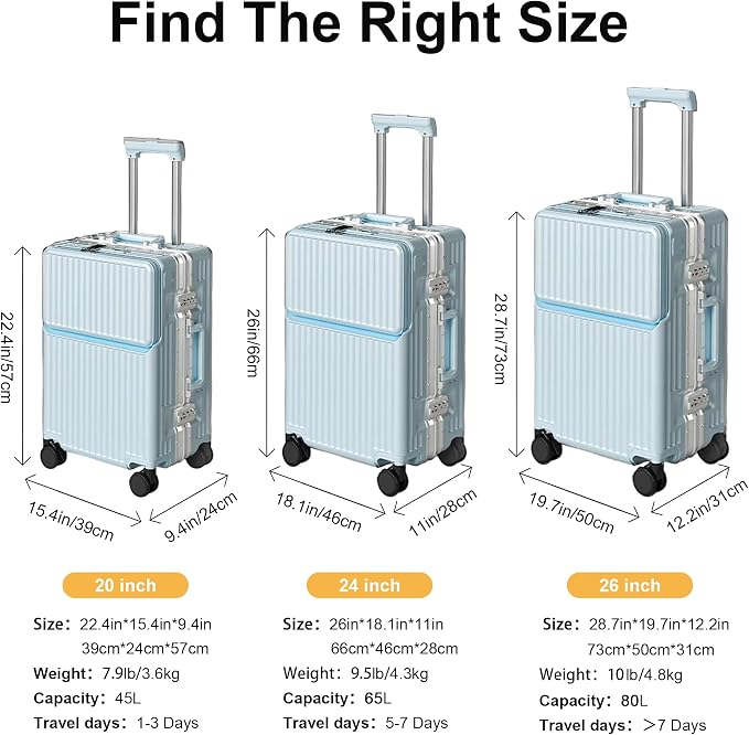 Hard Shell Luggage 20 Inch Travel Luggage, 22x14x9 Airline Approved with TSA Lock, PC+ABS Aluminum Frame, Lightweight Travel Luggage 20'' 24'' 26''Carry-On (upgraded blue, 20 inch)