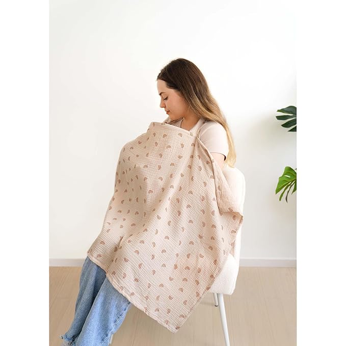 MairMore Muslin Nursing Covers for Breastfeeding, Privacy Breast Feeding Cover with Arch Neckline for Mom and Baby, Breathable 100% Cotton Nursing Apron Multi-use Stroller Cover