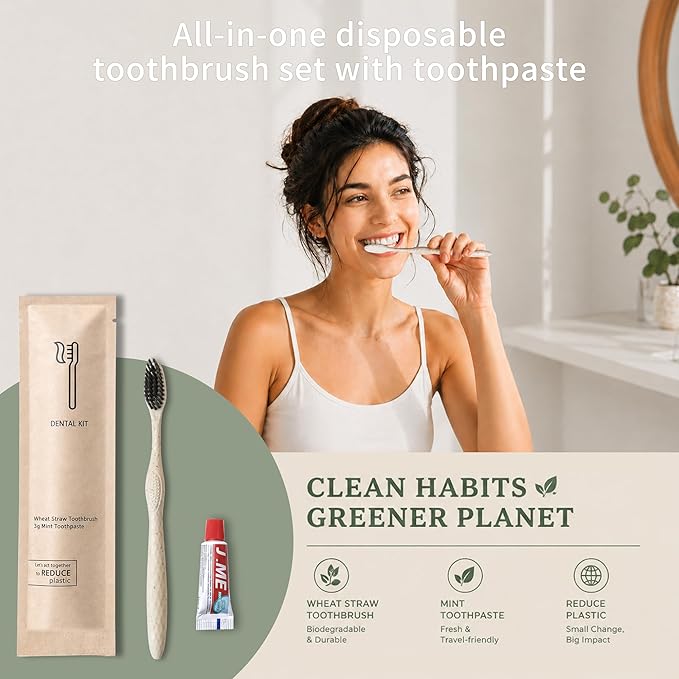 50 Sets Disposable Toothbrushes with Toothpaste (3g) Kit, Individually Wrapped Soft Bristle Travel Toothbrush,Wheat Straw Handle,Bulk for Hotel,Homeless,Nursing Home,Charity,Camping.