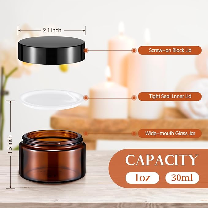 Domensi 100 Pcs 1oz Glass Jars with Lids Bulk Small Glass Salve Tins Cream Container Cosmetic Jars for Travel Balm with Inner Liners for Sample Cream (Amber,Black Lid,Plastic Lid)