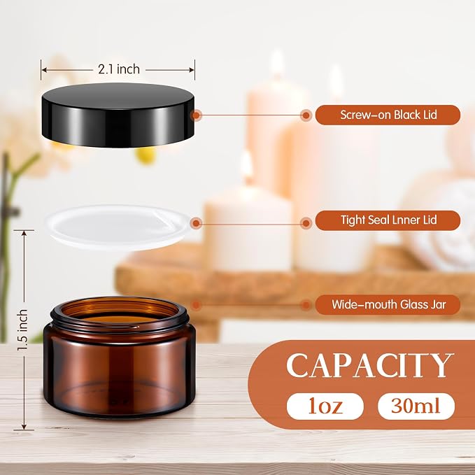Domensi 60 Pcs 1oz Glass Jars with Lids Bulk Small Glass Salve Tins Cream Container Cosmetic Jars for Travel Balm with Inner Liners for Sample Cream (Amber,Black Lid,Plastic Lid)