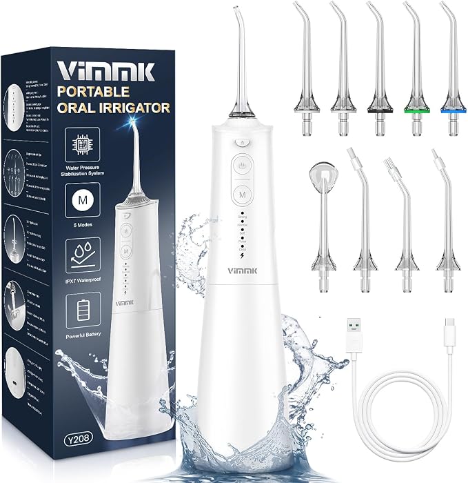 VIMMK Water Flosser, Cordless Water Dental Flosser, 9 Jet Tips 5 Modes 300ML IPX7 Waterproof, Portable Rechargeable Oral Irrigator for Home Travel - Gums, Orthodontic, Braces Care (White)