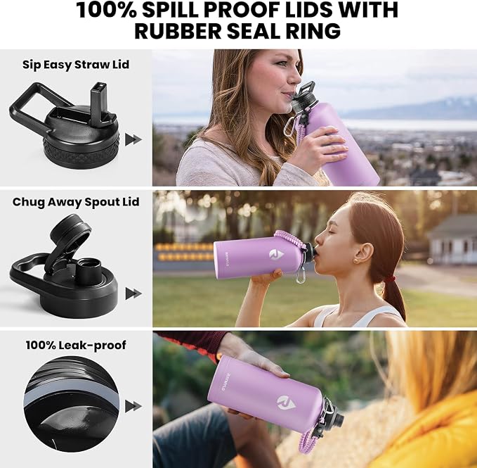 RAYMYLO Insulated Water Bottle 87 oz, Triple Wall Vacuum Stainless Steel (Cold for 48 Hrs), Leak Proof & Non-BPA, Modern Water Flask Jug with Paracord Handle & Straw Spout Lids, Light Purple