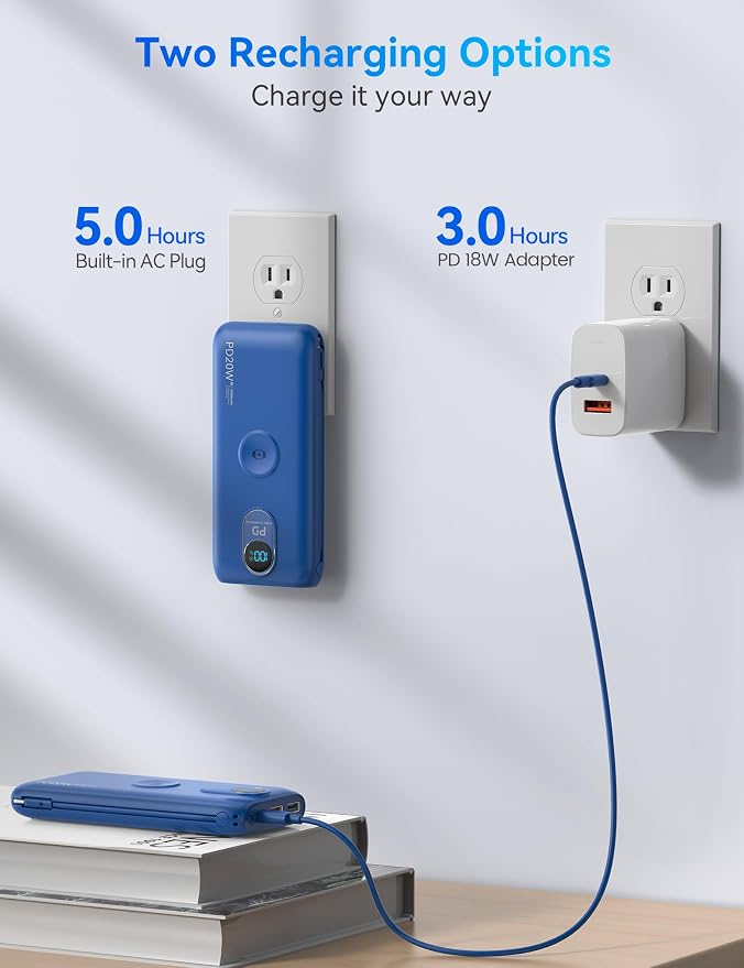 Portable Charger, 10000mAh 20W Fast Charging Power Bank with Built in Cables & AC Wall Plug & LED Display, Travel Essentials Battery Pack Powerbank for iPhone, iPad, iWatch, Samsung, Blue