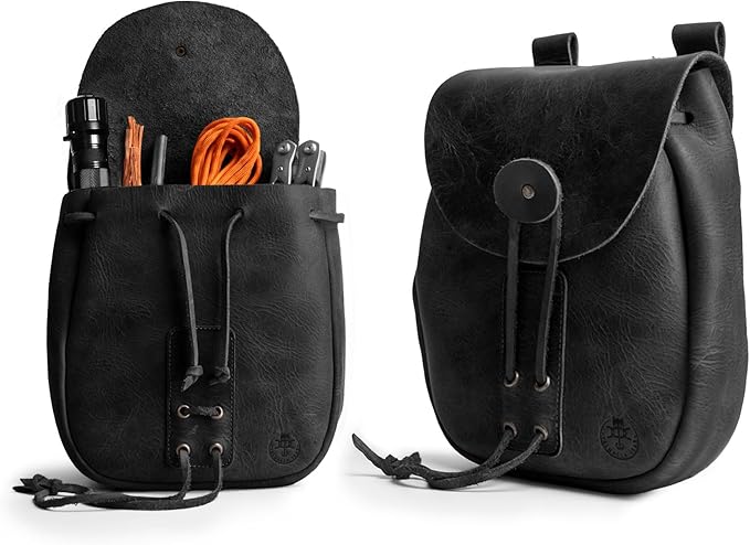 Bushcraft Bag, Portable Safe Pouch for Securely Storing Money, Coins, Bills, Valuables, Full Grain Leather, Handmade (Charcoal Black)