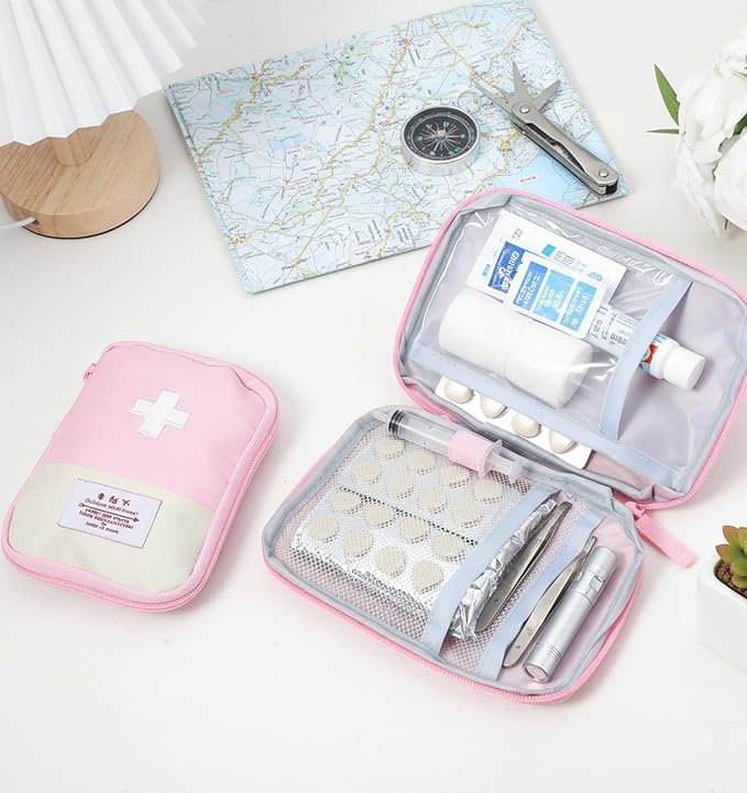 Small First Aid Pouch Empty, 2 Pcs Pink First Aid Kit, Mini Portable Oxford Fabric Medical Bag with 2 Different Sizes for Outdoor Indoor Camping Hiking Traveling Sports Car Home Emergency