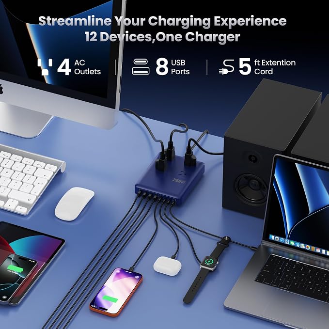 200W Charging Station,12-in-1 USB C Power Strip with Flat Plug and 5ft Extension Cord,4 AC Outlets,4 USB-A,4 USB-C Ports for iPhone 17/16/15,65W PD Fast Laptop Charger for MacBook,Home,Office (Blue)