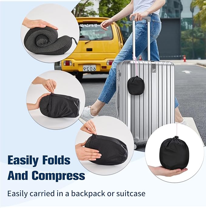 Cirorld Neck Pillow for Traveling, Travel Pillows for Airplanes,100% Pure Memory Foam Travel Neck Pillow, Adjustable Flight Pillow, Portable Plane Accessories with Eye Mask, Earplugs, Carry Bag