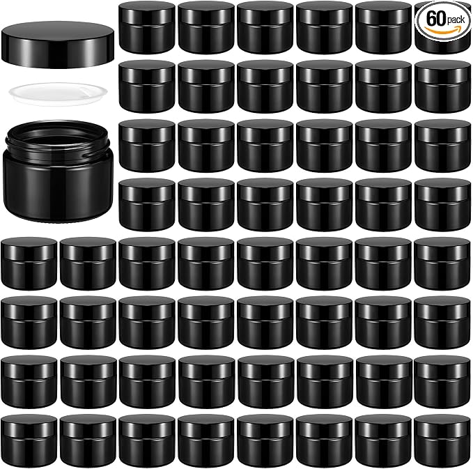 Domensi 60 Pcs 1oz Glass Jars with Lids Bulk Small Glass Salve Tins Cream Container Cosmetic Jars for Travel Balm with Inner Liners for Sample Cream (Black,Black Lid,Plastic Lid)