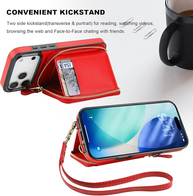 Bocasal RFID Blocking Wallet Case for iPhone 17 Pro Max, Adjustable Crossbody Zipper Purse Case Card Holder with Kickstand Detachable Wrist Strap, PU Leather Flip Folio Case 6.9 Inch 5G (Red)