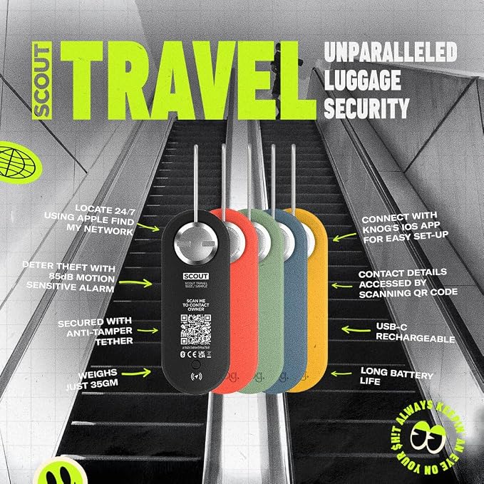 Knog Scout iOS Twin Pack Smart Tag, Tracker & 85dB Alarm – Rechargeable Luggage Tag Compatible with iOS App & Apple Find My, Digital Contact Info, Remote Chime, Water-Resistant, Black/Yellow