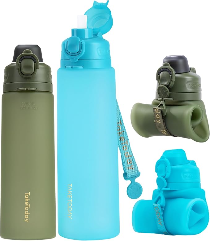TakeToday Collapsible Water Bottles 20oz and 32oz, Leak Proof, BPA-Free, Foldable Silicone Travel Water Bottle with Straw Strap for Cycling, Hiking, Outdoors
