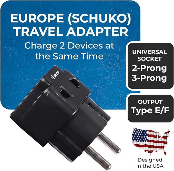 OREI USA to Europe (Schuko) Travel Adapter Plug - 2 in 1 Type E/F Plug Adapter Perfect for Laptop, Camera Charger & More - CE Certified - RoHS Compliant - 2 Pack - Black Color