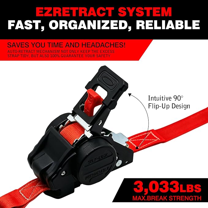 Retractable Ratchet Straps 1" x 13Ft, Heavy Duty Self Retracting Tie Down Straps, 1800lb Break Strength Auto Retract Cargo Straps for Truck, Trailer, Motorcycle, ATV, UTV, (Red, 4 Pack)