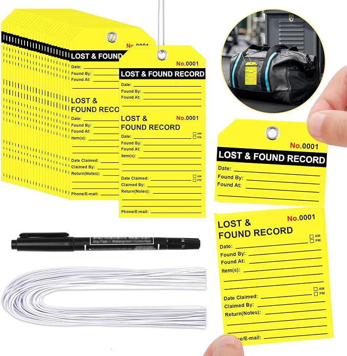 100 Pcs Lost and Found Tags with String & Marker Fluorescent Yellow Lost & Found Record Tags 5 1/4" x 2 5/8" Hotel Luggage Tags Lost and Found Labels Property Tag for Hotel Restaurants Luggage Storage