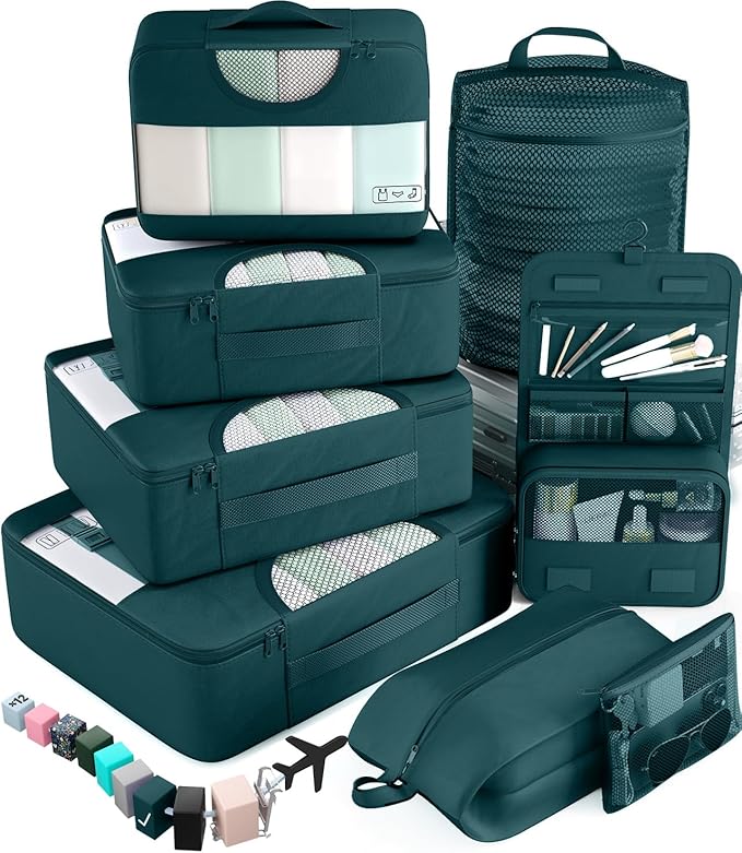 Veken 8 Set Packing Cubes for Travel Essentials, Suitcase Organizer Bags in 4 Sizes, Carry-On Luggage Accessories with Large Laundry Bag & Passport Holder, Must-Have for Airplane, Road Trip & Camping