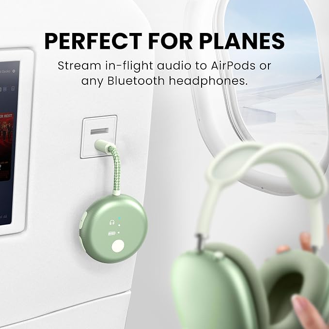 Avantree SoundJet R1 – 25Hr Airplane Bluetooth Adapter for All AirPods | Qualcomm Chipset & aptX Adaptive, Wireless Audio Transmitter for Flight Travel, Works with Bose & Other Headphones