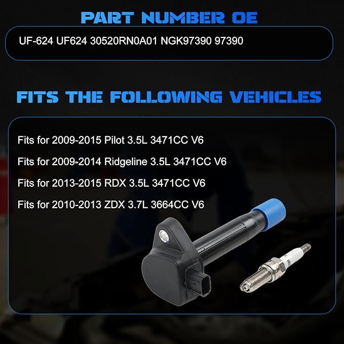 6PCS UF624 Ignition Coils + 6PCS 97390 Iridium Spark Plugs Ignition Coils Pack Fits for 2009-2015 Pilot, 2009-2014 Ridgeline 3.5L 3.7L, Coil Pack Set Aftermarket Parts