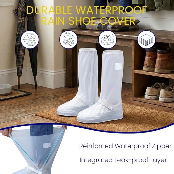 3Pair Reusable Waterproof Shoe Covers with Zipper& Reflector, Non-Slip Silicone Rain Shoe Covers & Foldable Overshoes, Ideal for Men, Women, Cycling and Travel (White, Large)