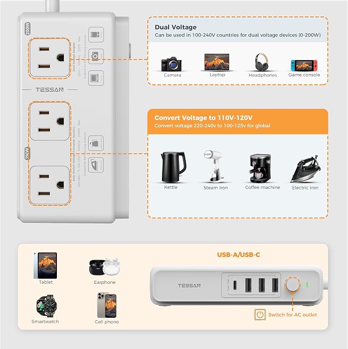 TESSAN Voltage Converter US to Europe 220 to 110, Universal Travel Adapter Voltage Converter with 4 USB Ports (1 USB C), 3 AC and EU UK AU IT in ZA Plug Power Adapter, Step Down Transformer, 4 FT
