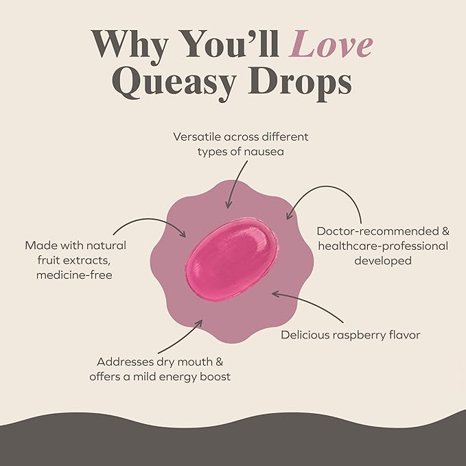 Three Lollies Queasy Drops Sugar Free - Natural Sour Raspberry Flavor - Ease Chemotherapy Nausea & Travel Sickness, Alleviates a Dry Mouth, Natural Ingredients - 32 ct