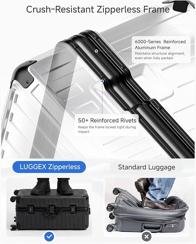 LUGGEX Luggage Sets with Spinner Wheels, 8010S Aluminum Frame Zipperless Polycarbonate Hard Shell Suitcase Sets (ZX-Core, Black, 2 Piece (21/30))
