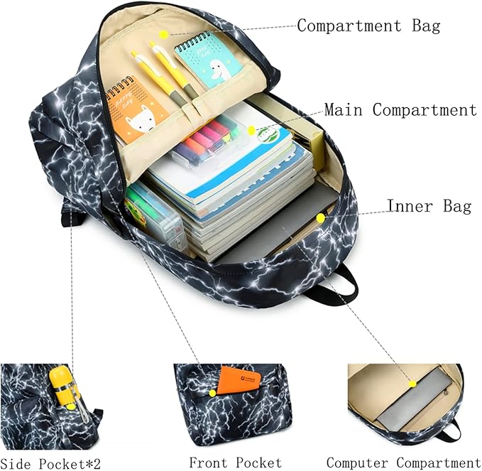 mezhsa Boy School Backpack Elementary Middle Lightning Bookbag Laptop Teenager Waterproof Lightweight Black