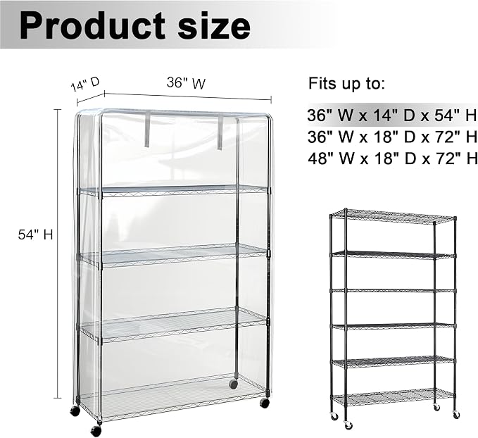 Clear PVC Wire Shelf Cover with Zipper Waterproof Dustproof 36x14x54 | Zipper closure PVC cover shields shelves from dust, moisture, UV and insects while keeping storage organized and visible