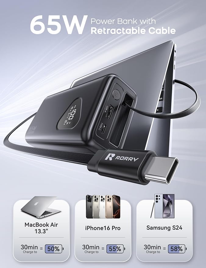 RORRY Laptop Power Bank, 25000mAh 65W Portable Laptop Charger Battery Bank PD Fast Charger Built in Retractable Cables, for iPhone 17/16/15 Series, MacBook, Samsung, Dell, XPS, iPad, Steam Deck, Black