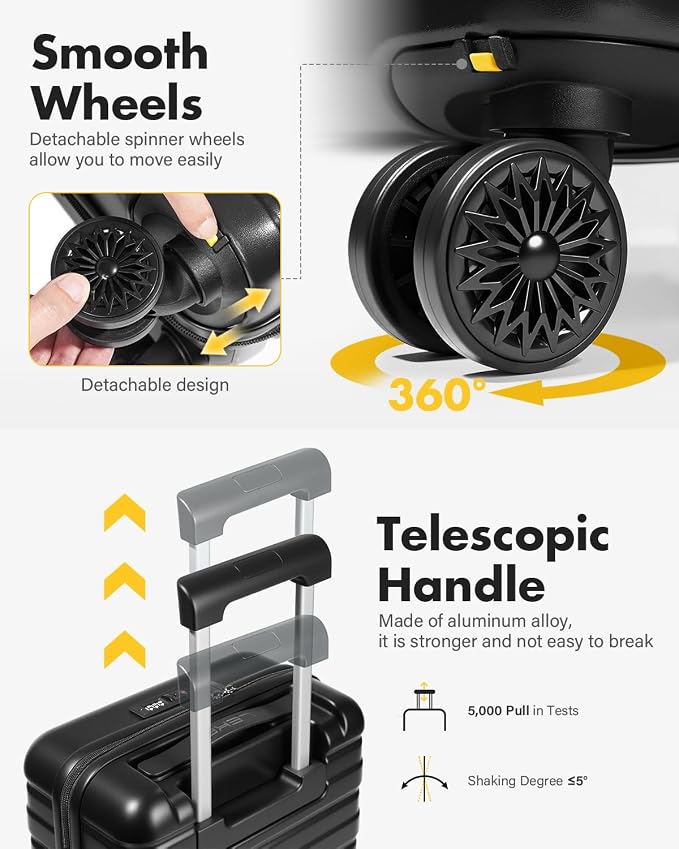 Lekesky 16 Inch Underseat Carry On Luggage Airline Approved, Small Hard Shell Suitcase with TSA Lock Spinner Wheels, Lightweight Personal Item Carry-On for Travel, Black