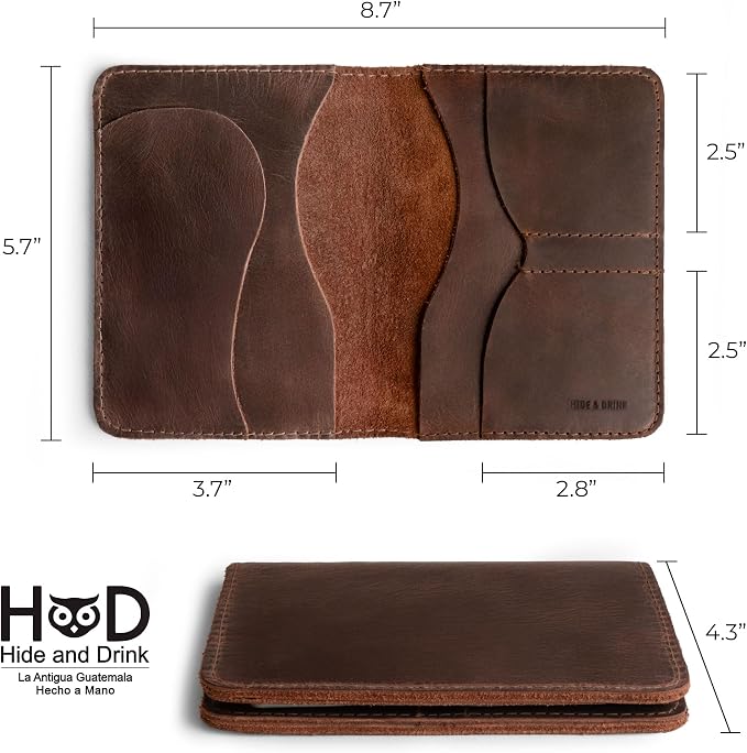 Hide & Drink, Double Passport Cover with Slots for Bills and Keys, Rustic Case, ID Organizer, Full Grain Leather, Handmade Accessories, Bourbon Brown