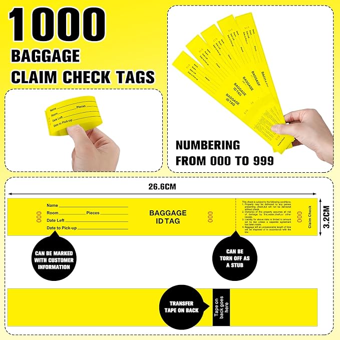 Feifeiya 1000 Hotel Luggage ID Tags with Transfer Tape on Back Paper Baggage Claim Check Tags Numbering from 000 to 999 Baggage Identification for Hotel Suitcase Motel Bag (Yellow)