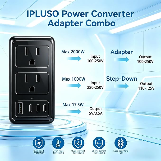 2000W Voltage Converter US to Europe for Hair Dryer, Converter for European Travel, 220V to 110V Power Converter Adapter Combo International Universal Travel Adapter with Type C G A I (Black)