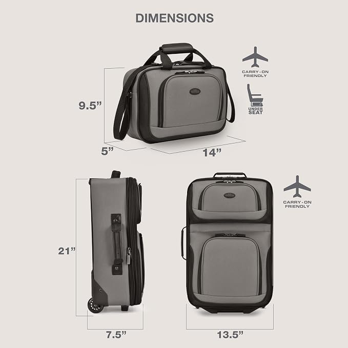U.S. Traveler Rio Lightweight Softside Rolling Carry-on Suitcase, 2-Wheel Set, Grey