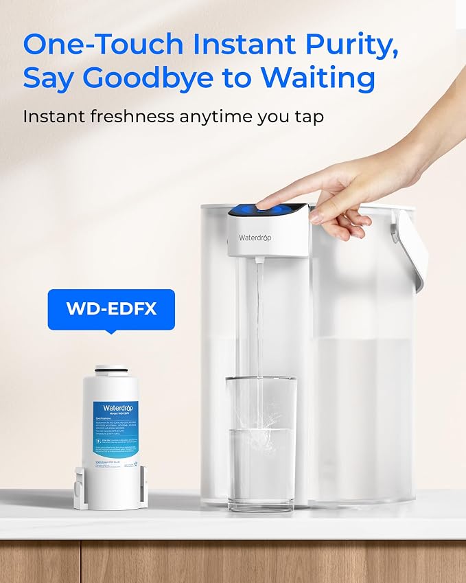 Waterdrop EDFX Water Filter Replacement for Waterdrop ED61 Rechargeable Water Filter Dispenser, 200-Gallon Long-Life, 10X Filtration Efficiency, Reduce 98% Chlorine and 20+ Contaminants, 1 Pack